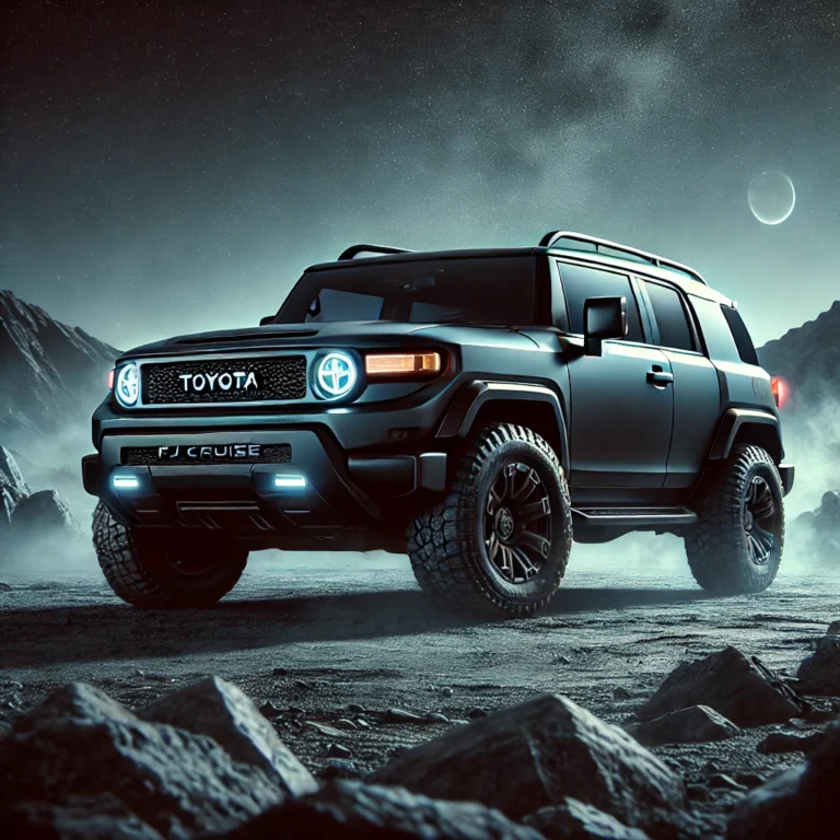 DALL·E 2024-11-20 22.06.28 - A futuristic depiction of the 2025 Toyota FJ Cruiser in a dark theme, designed for rugged off-road adventures